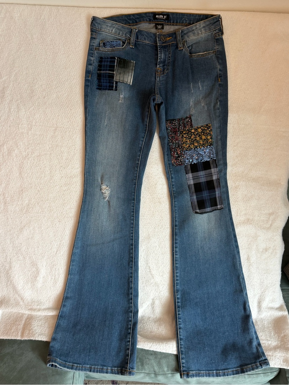 Y2K Allen B Jeans By Allen Shwartz Blue Patchwork Skinny Flare Size 4
